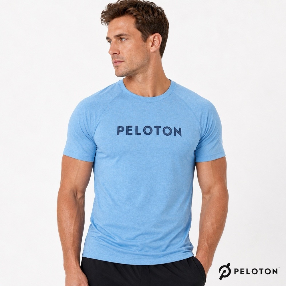 Peloton Performance Shirt Mens Large Blue Short Sleeve Stretch Athletic Logo Tee